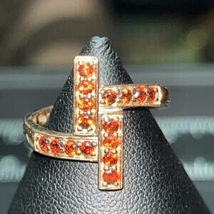 Vintage Style Garnet & Sterling Silver Vermeil Geometric Crossover Ring 925 EA